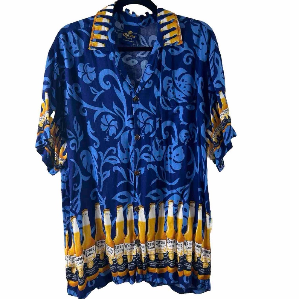 Corona Beer Hawaiian Button Down Shirt Blue Size XL‎ Double Sided Blue Yellow